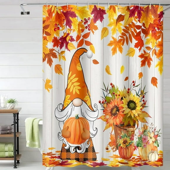 Fall Pumpkin Shower Curtain Autumn Yellow Maple Leaves Rustic Sunflowers Shower Curtains for Thanksgiving Bathroom Set Holiday Bath Bathtub Decorations Fabric with Hooks, 72x72 Inch