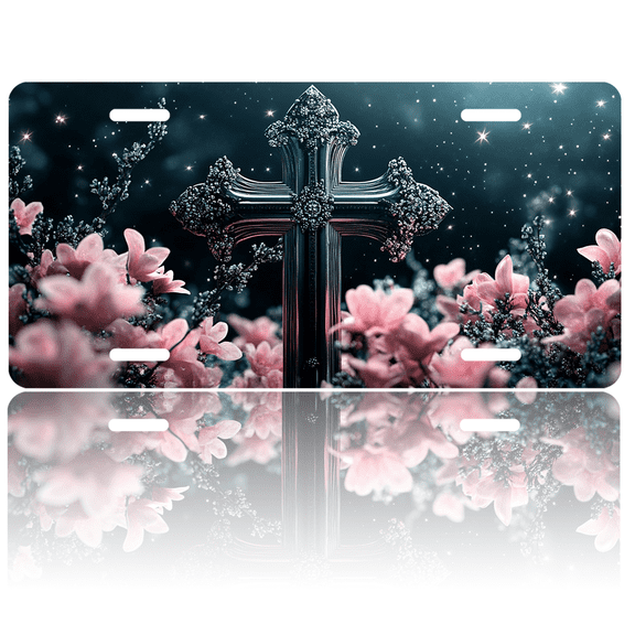 1 Pcs 2D Flat License Plate Covers & Frames, Sparkling Cross among Pink For Decorative Front, Waterproof For Decoration Aluminum License Plate Covers & Frames Cover For Men Women, 12" X 6"