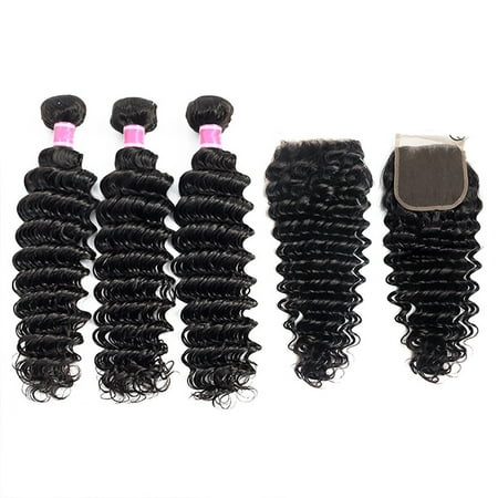 Beroyal Deep Wave Bundles with Closure Wet and Wavy Human Hair 3 Bundles with Closure Brazilian Hair Weave, 14