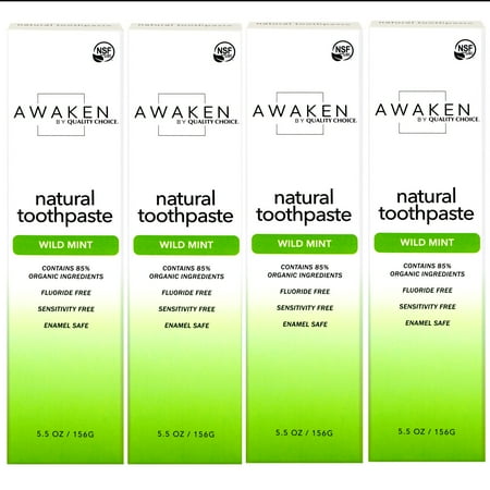 Awaken by Quality Choice Natural Toothpaste, Fluoride Free, Enamel Safe, Sensitivity Free, 85% Organic Ingredients, Wild Mint, 5.5 OZ - 4 Pack