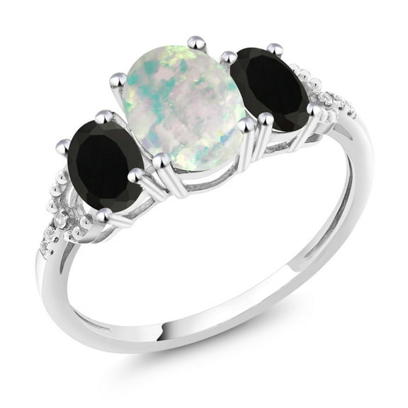 Gem Stone King 10K White Gold Cabochon White Simulated Opal Black Onyx and Diamond Accent Three-Stone Engagement Ring for Women 1.88 Cttw (Size 5)