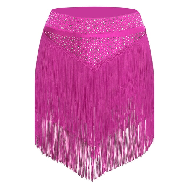 Ocealan Jupe à Franges à Pampilles pour Femmes à Taille Élastique Latin Tango Tenue de Danse de Salon Samba Salsa Robe de Danse Rose Vif P