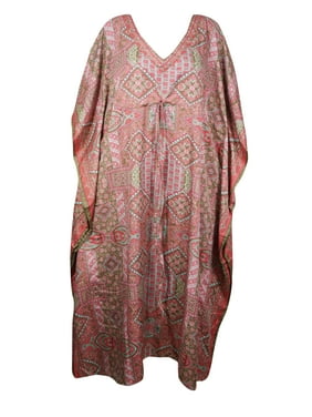 Mogul Women Maternity Loose Silk Casual Loose Kaftan Dress Beach Cover Up Pink Floral Print Kimono Dresses 3XL