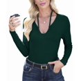 thumbnail image 2 of Womens Fall Clothes Long Sleeve Shirts Halter U Neck Ribbed Knit Slim Fitted Basic Casual Tops Dark Green M, 2 of 9