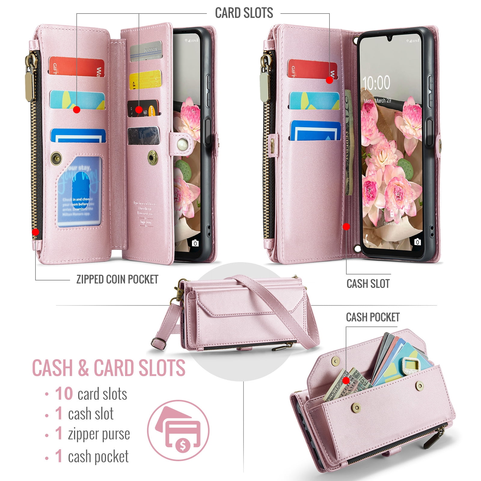 Asuwish Compatible with Samsung Galaxy A16 5G/4G Zipper Wallet Phone Case Tempered Glass Screen Protector Crossbody Lanyard Strap Flip Card Holder Slot Cell Cover for A16 16A SM-A166U Women Rose Gold