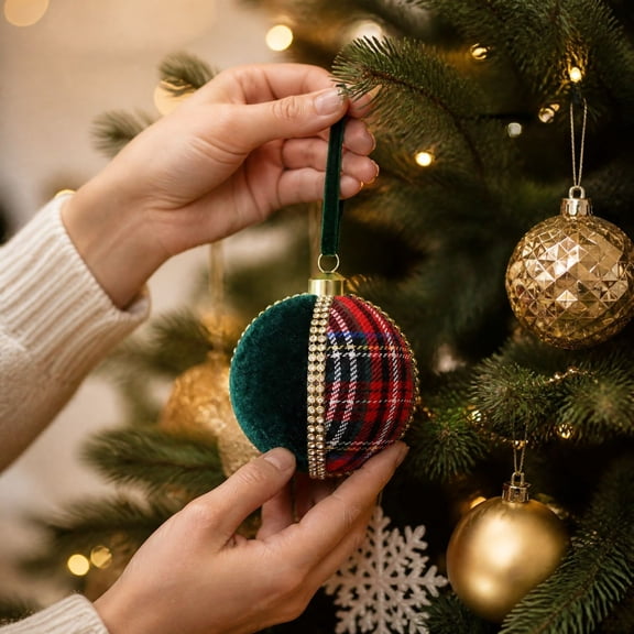 Plaid Velvet Christmas Ball Ornaments, 3.15 Inch Fabric Wrapped Christmas Tree Baubles With Rhinestone Details, Decorative Hanging Balls for Tree, Wreath and Classic Seasonal Displays