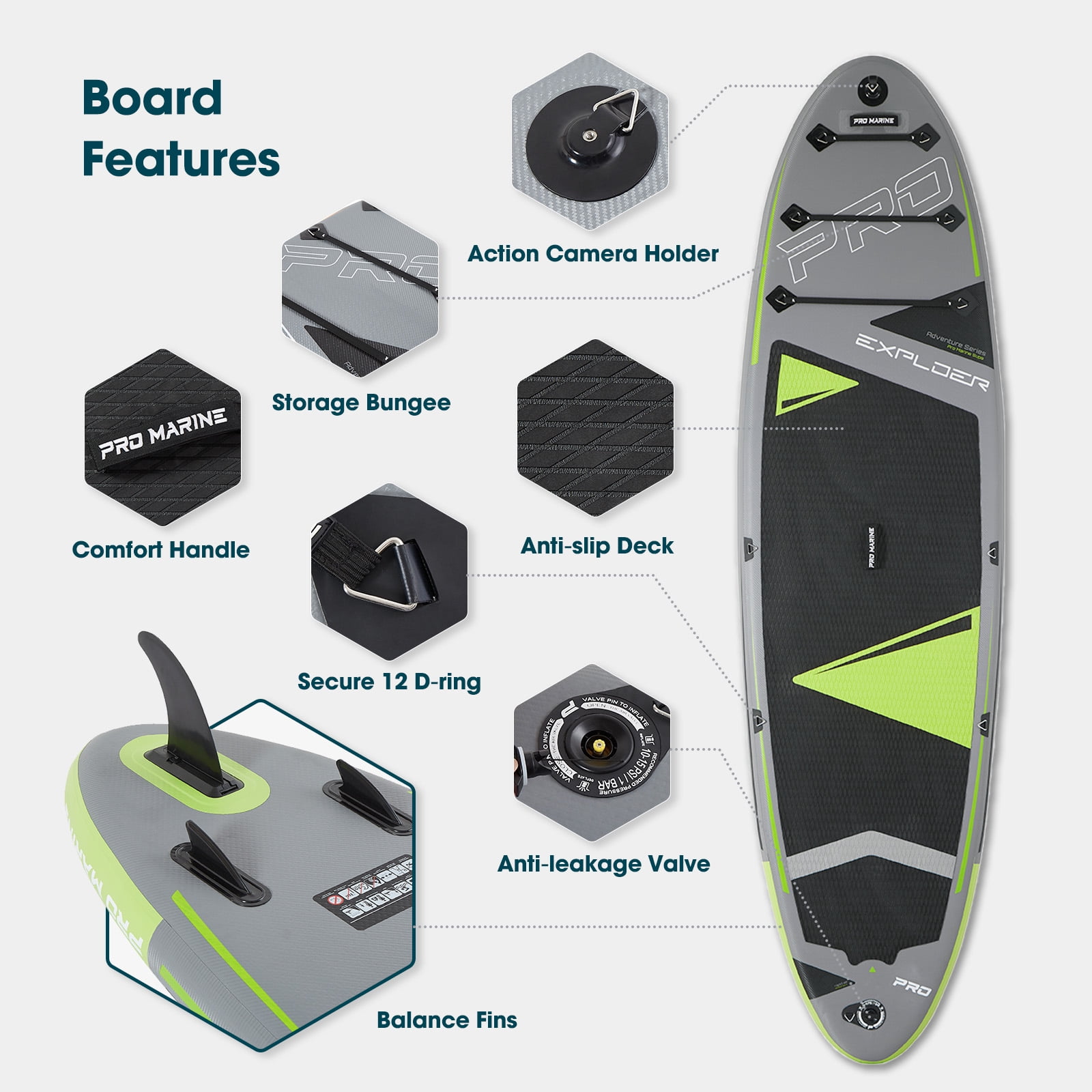 PRO MARINE 12' Inflatable Stand up Paddle Boards Adjustable Paddle SUP Carry Bag & Fast Pumping Green
