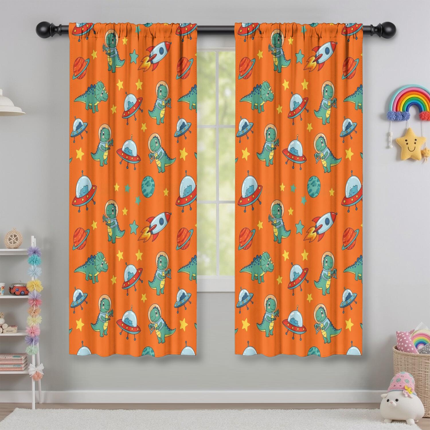 Blackout Kids Curtains,Orange Cartoon Dinosaurs Rockets Planets Pattern Childrens Insulated Curtains Set Of 2,Bedroom Essentials,Toddler Room Decor 42"x63"
