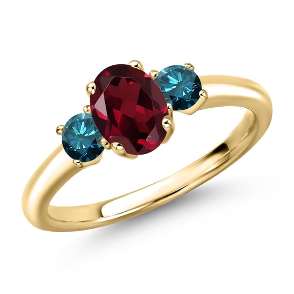 Gem Stone King 10K Yellow Gold Red Rhodolite Garnet and Blue Diamond Engagement Ring for Women | 1.20 Cttw | Oval 7X5MM | Gemstone January Birthstone | Size 6