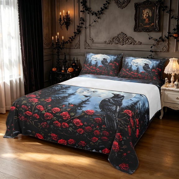 Feelyou Spooky Raven Rose Bed Sheets, Hippie Pine Tree Moon Full Size Sheets, Blue Red, 4pcs, 1 Flat Sheet, 1 Fitted Sheet and 2 Pillowcases