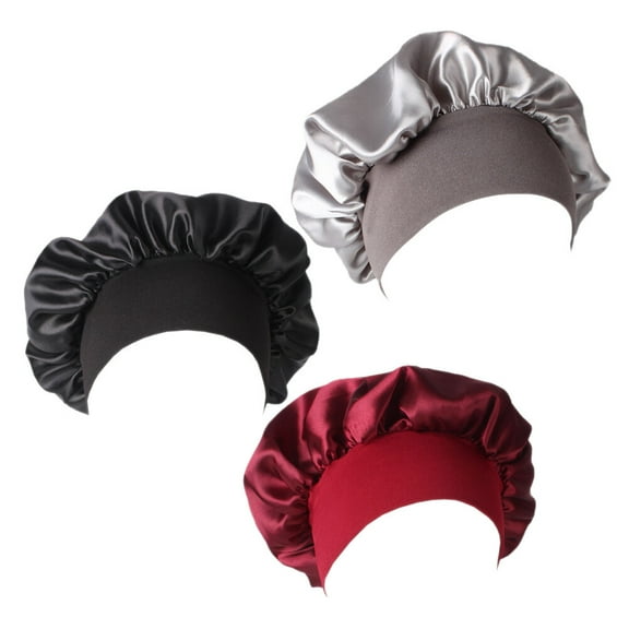 Omeite High-elastic headband sleeping cap for women, chemotherapy cap, hair care cap, satin elastic wide band sleeping cap, 3pcs package (1pc each in black, burgundy and silver)