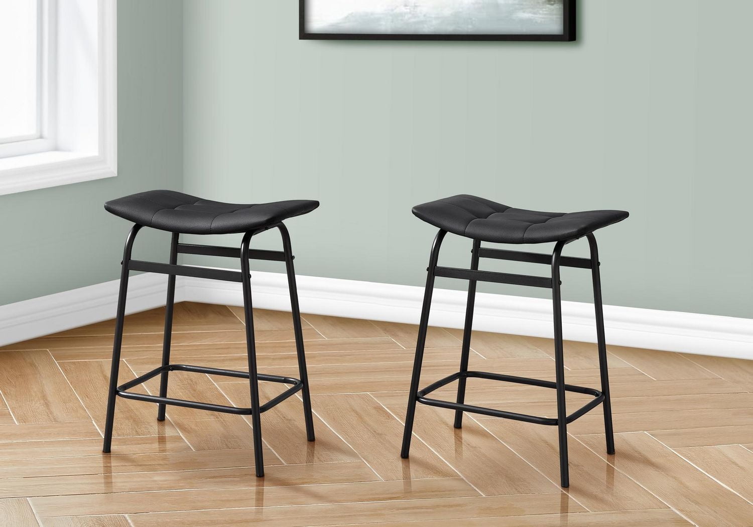 Monarch Specialties Barstool, Counter Height, Set Of 2, Kitchen, Black Leather Look, Black Metal, Contemporary, Modern