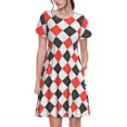 thumbnail image 1 of Balery Red and black argyle Vestidos sueltos de manga corta para mujer, vestidos de verano 2025, vestidos casuales de corte A con vuelo., 1 of 6