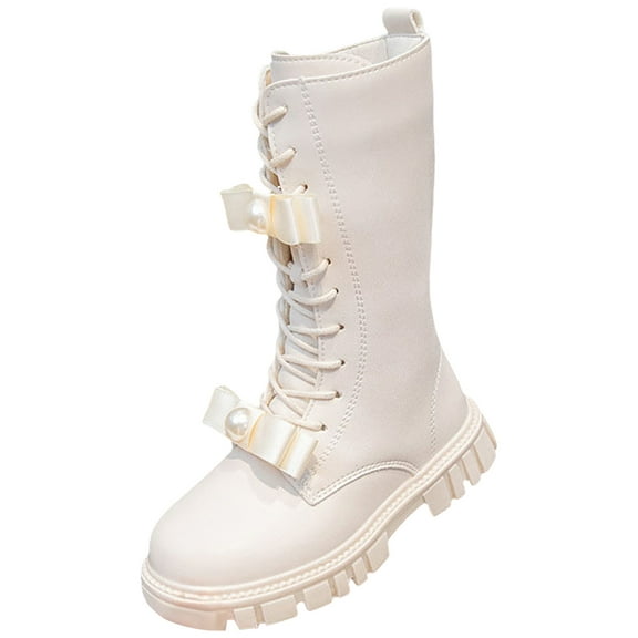 BOBOGOJP Girls Mid Calf Boots Lace Up Fashion Black Leather Boots White for Size 10