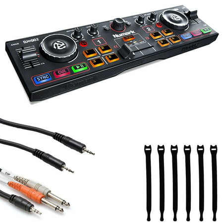 Numark DJ2GO2 | Pocket DJ Controller with Audio Interface + Stereo Interconnect Cable + TS Cable + Strapeez - Top Value