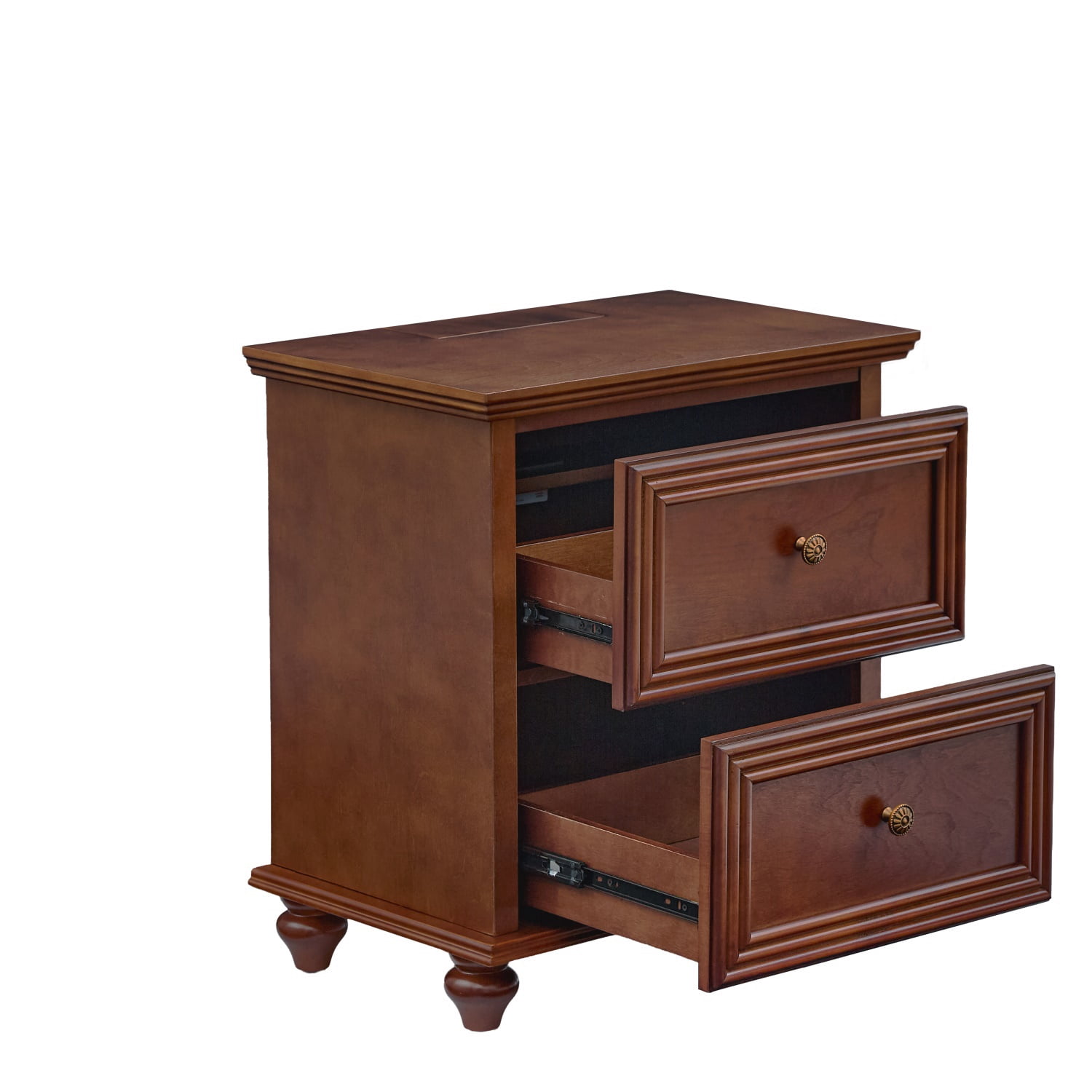 Hommoo Mid Century Modern 2 Drawers Nightstand with Charging Station & Outlet Hole, Wood End Table Side Stroage Cabinet for Bedroom Living Room, Walnut