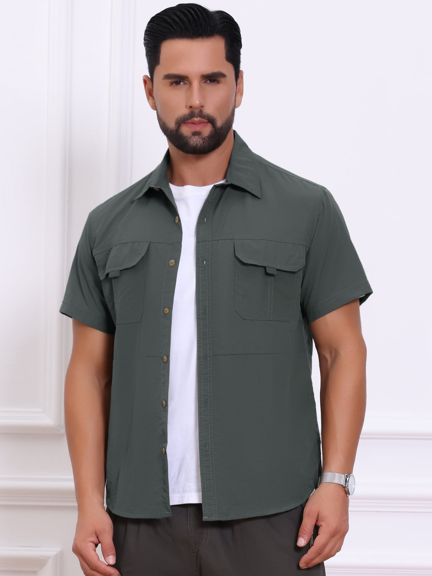 DARING DIVA Men's Solid Cargo Short Sleeve Button Down Utility Shirts M Gray