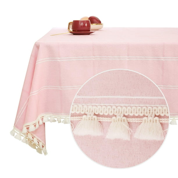 Deconovo Decorations Tablecloths Oblong Poly-Cotton Blend Tassel Waterproof Fade Resistant Table Cover for Outdoor Picnic, 54x108 Inch, Pink