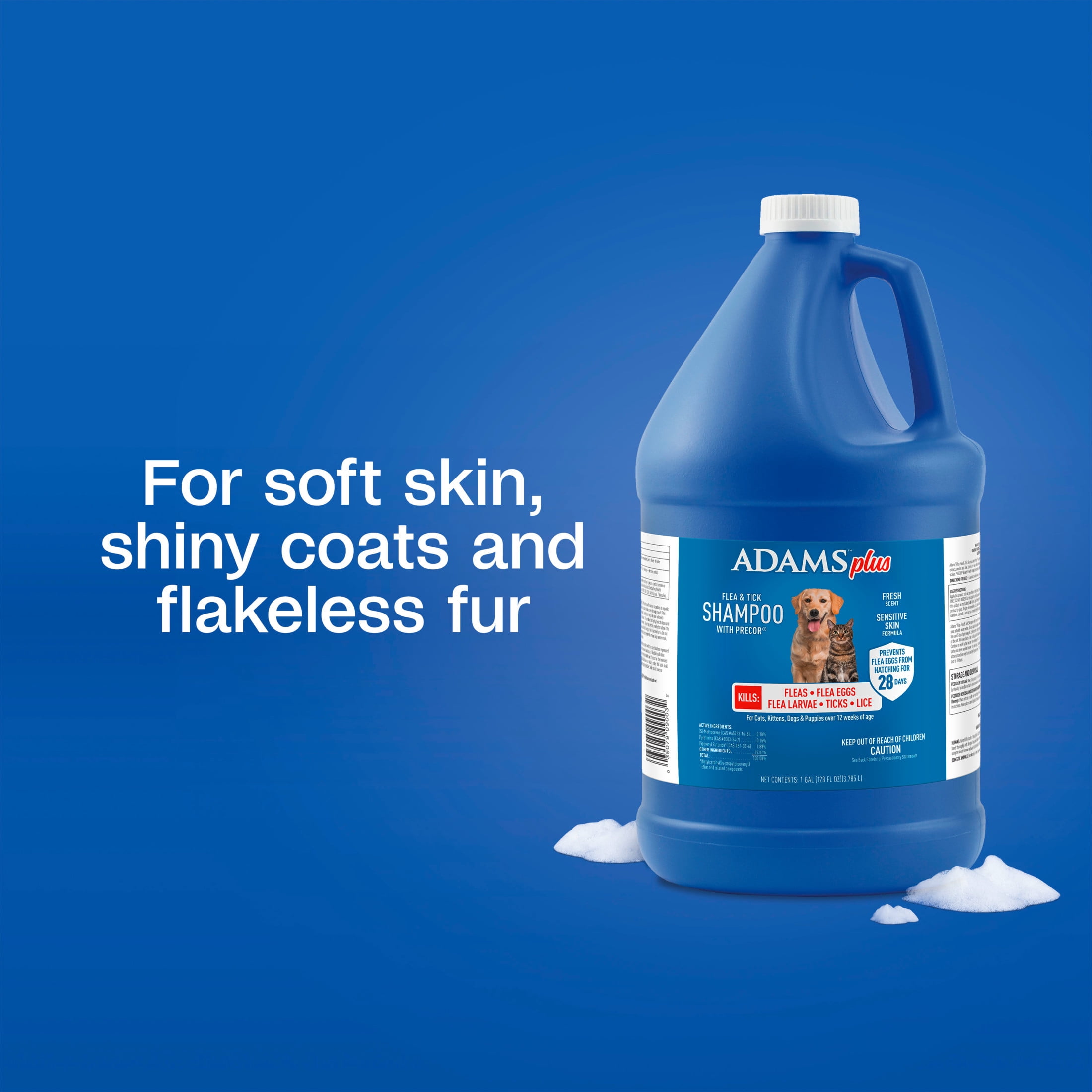 ADAMS Plus Flea & Tick Shampoo with Precor for Dogs, Cats, Puppies & Kittens, Flea Shampoo to Treat Flea Infestations, Kills Ticks, Fleas, Flea Eggs & Lice, Cleans and Conditions Coat, 1 Gallon
