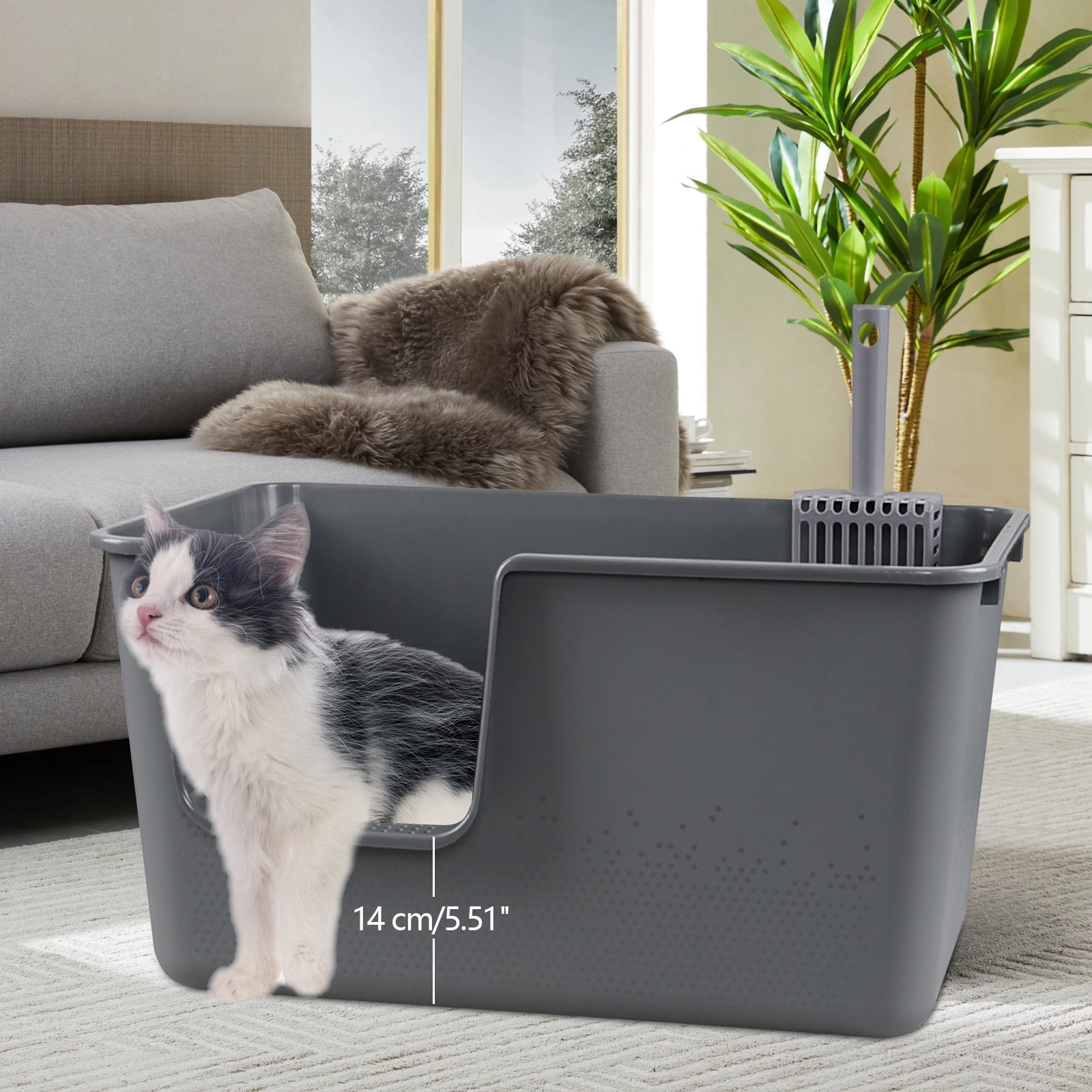Minekkyes Plastic Open Cat Litter Box with Litter Scoop, Anti-Splashing Kitty Litter Box, Kitty Litter Pan with High Sided Walls, 4 Packs, Grey
