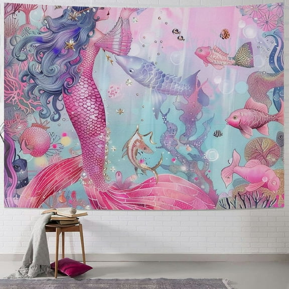 Orinice Mermaid Fish Sea Creatures Tapestry Wall Hanging Unique Style Graphic Tapestries Home Wall Decor Art for Living Room Bedroom Apartment Farmhouse Dorm 40x30inch