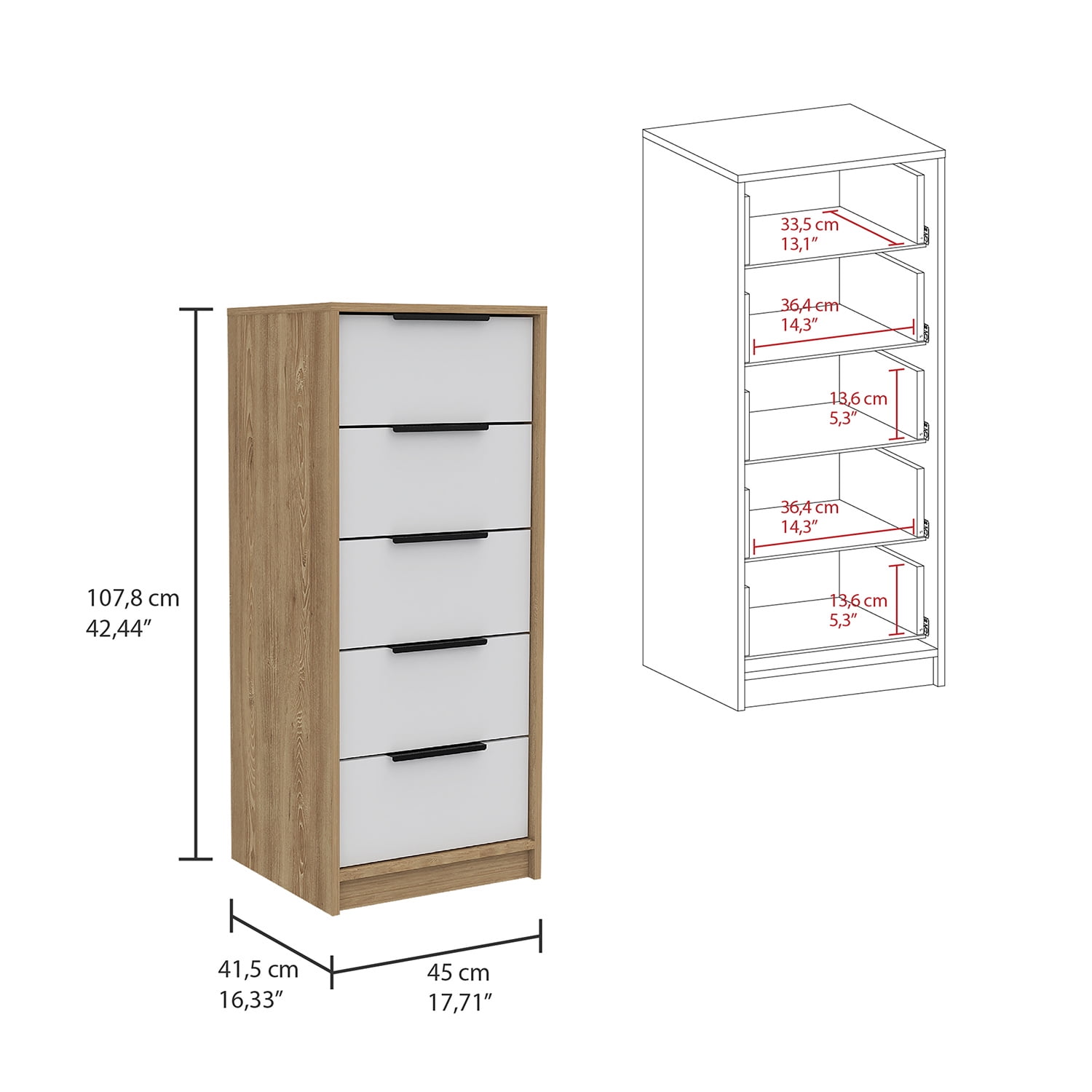 Kadyn 5 Drawers Dresser, Chest of Drawers with Metal Handle, White+Wood Storage Cabinet, Nursery Dresser