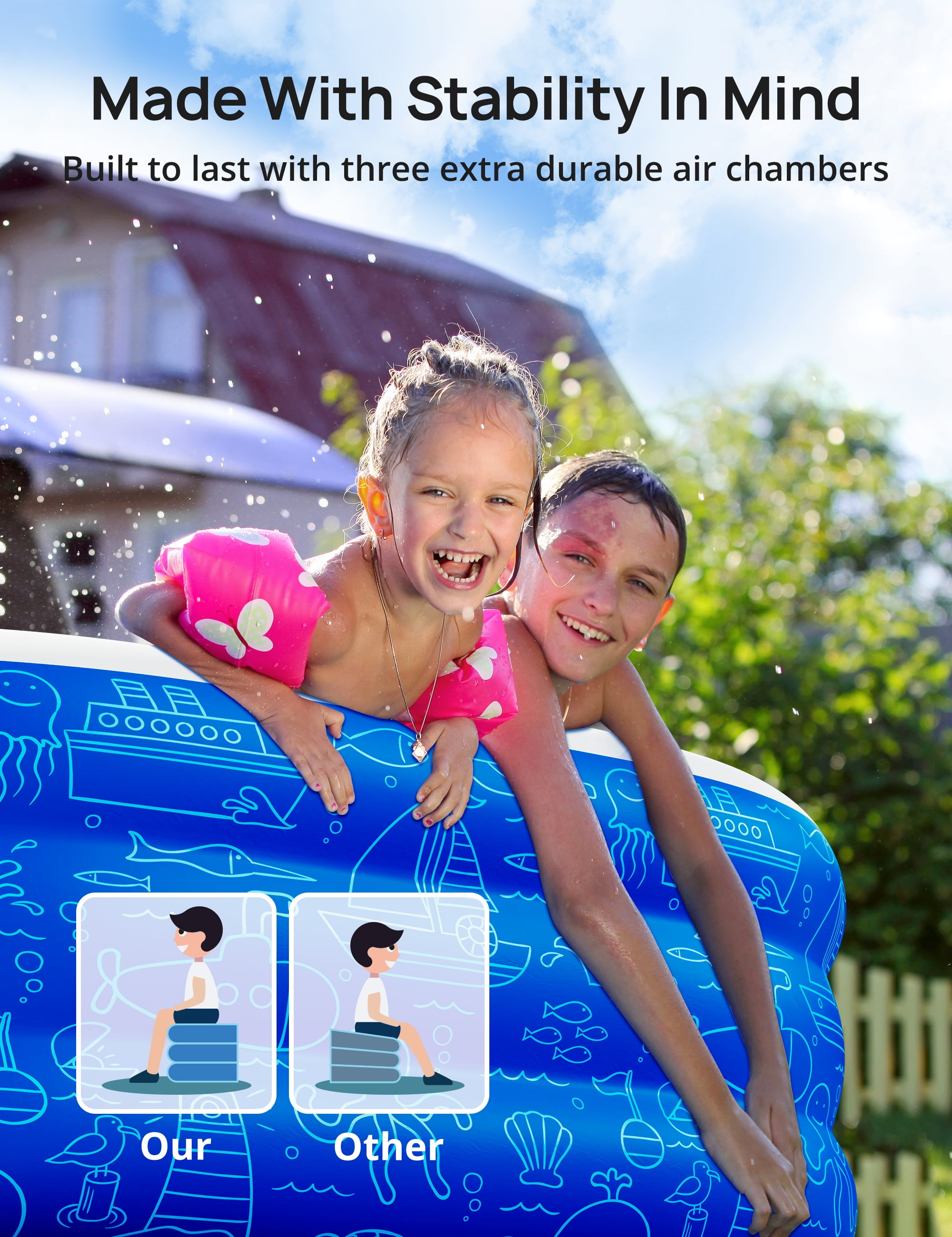 Large Inflatable Swimming Pool with Canopy, 120” x 70” x 20” Full-Sized Inflatable Pool for Kids & Adults, Kiddie Pool with Sun Shade, Blow Up Pool for Backyard, Garden, Age 3+, Blue