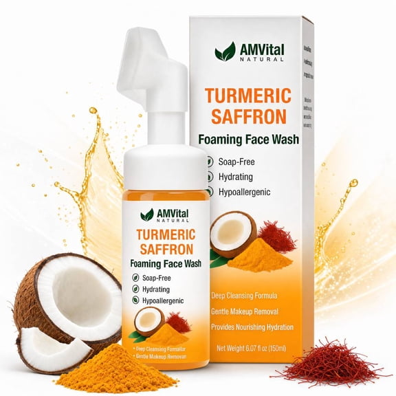 AMVital Turmeric Saffron Foaming Face Wash, Nourished Skin Moisturizing Cleanser Natural Ingredients