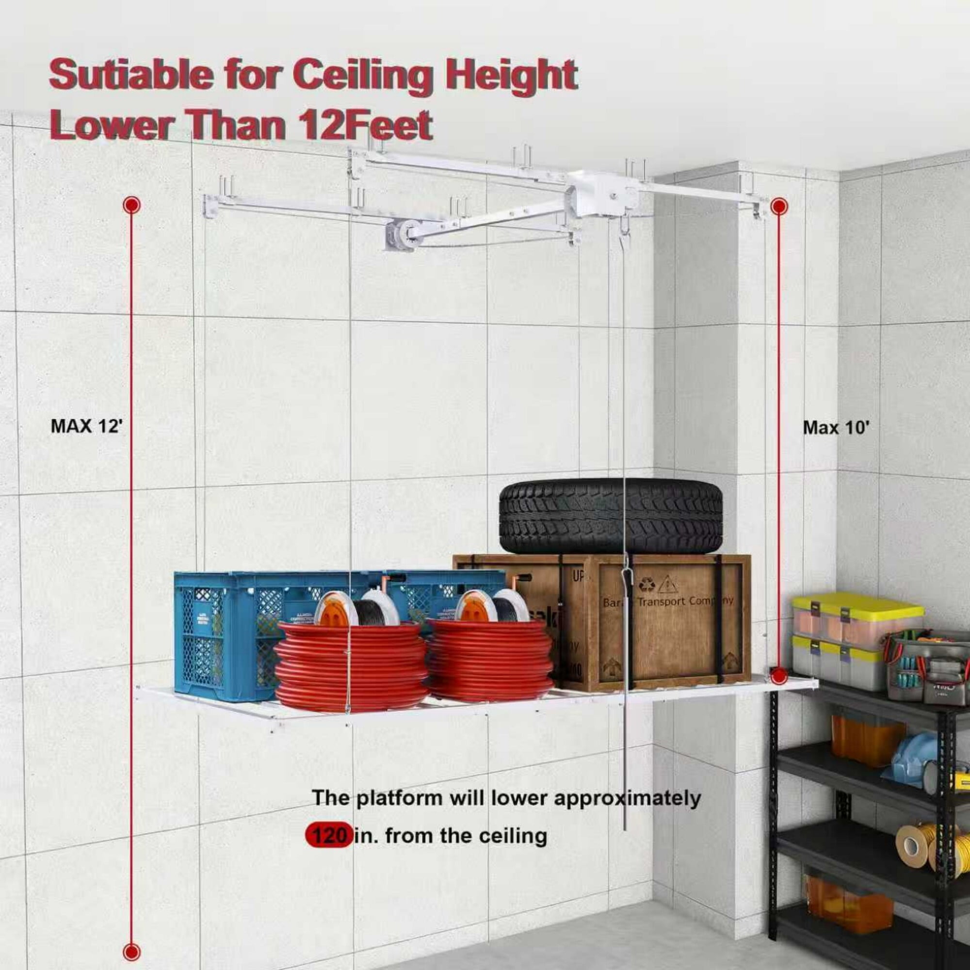 AENKYO Heavy-Duty 270 lbs Capacity Overhead Garage Storage Rack with Safety Lock, 3x6 ft Platform for 10-12 FT Ceilings