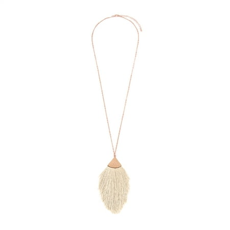 - Riah Fashion Antique Bohemian Silky Thread Fan Tassel Statement Drop - Vintage Gold Feather Shape Strand Fringe Lightweight Hook Dangles Earrings/Long Chain Necklace
