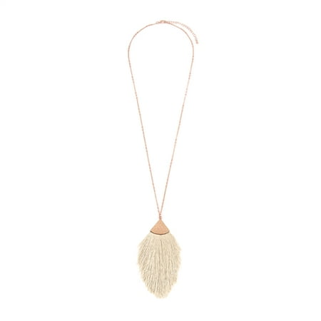 Riah Fashion Antique Bohemian Silky Thread Fan Tassel Statement Drop - Vintage Gold Feather Shape Strand Fringe Lightweight Hook Dangles Earrings/Long Chain Necklace