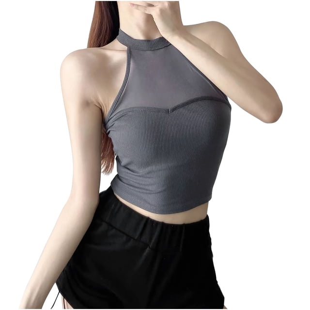 ZyeKqe Women's Tank Tops Mesh Front Going out Tops Sleeveless High Neck Crop Tops Solid Color Tanks