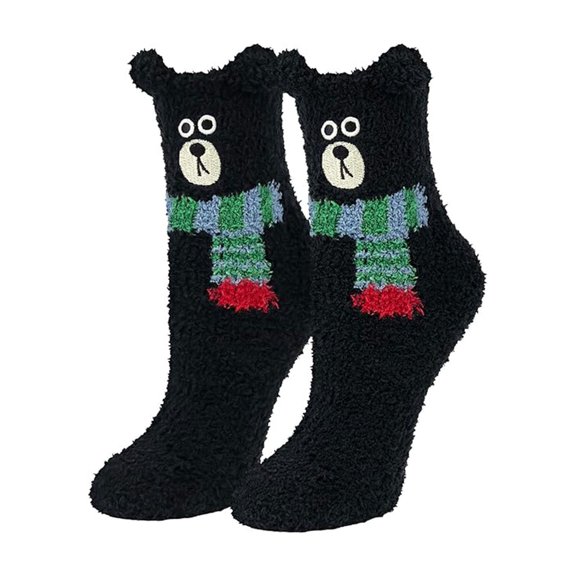 YABCSAZ Fleece Slipper Socks for Women, Cute Bear Ears Coral Fleece Floor Socks, Warm Thick Winter Socks, Non-Slip Cozy Sleep Socks, Black