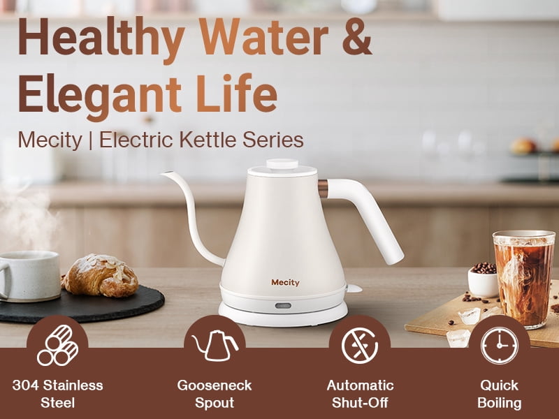Mecity Electric Kettle Gooseneck Water Kettle Stainless Steel Tea Kettle Water Boiler Fast Heating, Auto Shut Off, 0.8 L, 1000W, White
