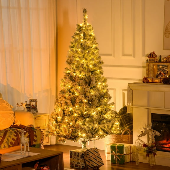 HOMCOM 6' Flocked Artificial Christmas Tree with Warm White LED Lights