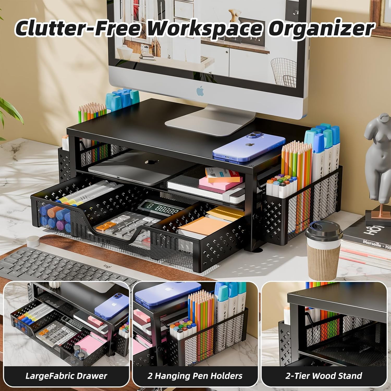 Desk Organizer and Accessories, 2-Tier Computer Monitor Stand Riser with Drawer and 2 Pen Holders for Office Supplies, Black