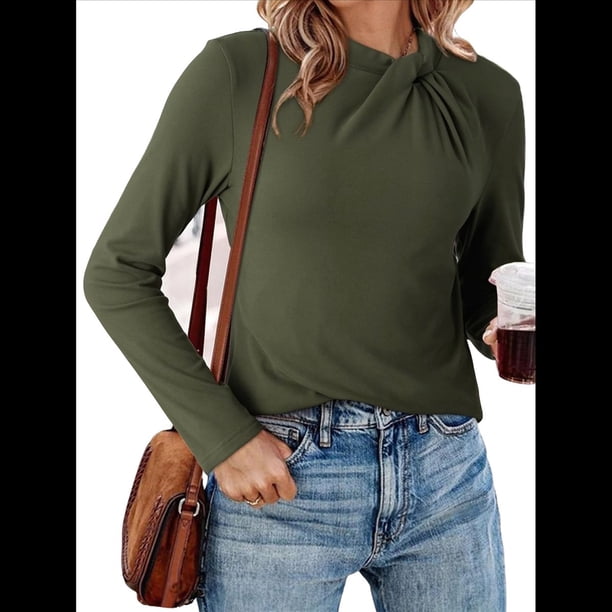 Blusas de Mujer de Larga Térmicas con Nudo Torcido, Cuello Alto, Informales, Ajustadas, Suaves y Elásticas. Verde L