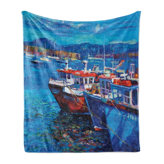 Country Soft Flannel Fleece Throw Blanket, Sail Boats Ships on the Shore Harbor by the Sea Small Rural Fishing Town Artwork, Cozy Plush for Indoor and Outdoor Use, 60" x 80", Navy Red, by Ambesonne