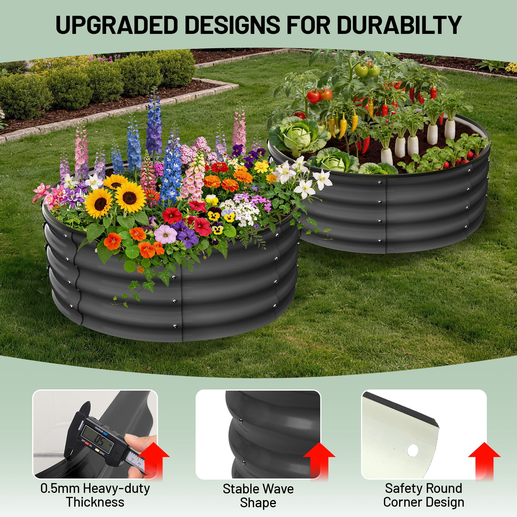 Garvee 2 Pcs Round Metal Raised Garden Bed, Galvanized Steel Planter Box, 3x3x1 FT Open-Bottom Outdoor Garden Bed with Safety Rubber Edging, Easy Assembly for Vegetables, Flowers, Herbs, Grey