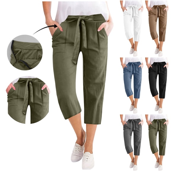 Htigea Capris for Women Casual Summer Wide Leg Crop Pants Loose Comfy Drawstring Yoga Jogger Capri Pants with Pockets Army Green,L