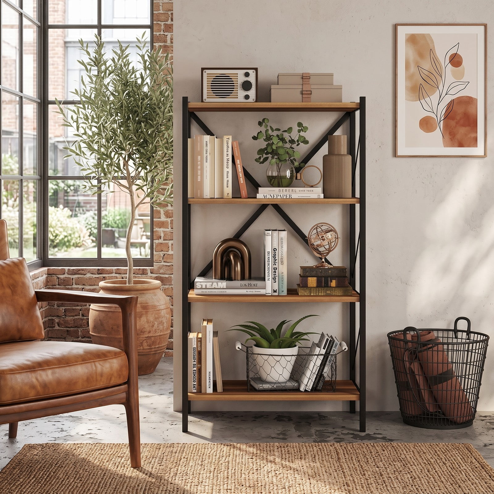Furnibear 4-Tier Bookshelf with Heavy-Duty Metal Frame, X-Braced Freestanding Storage Bookcase Organizer Plant Stand for Living Room Bedroom Home Office, Walnut