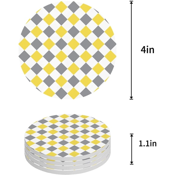 FMSHPON Gray Yellow Rhombus Lattice Geometric Texture Set of 4 Round Coaster for Drinks, Absorbent Ceramic Stone Coasters Cup Mat with Cork Base for Home Kitchen Room Coffee Table Bar Decor