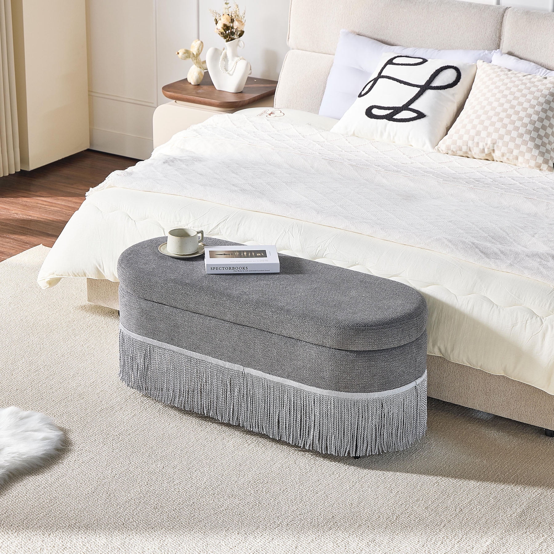 S-HOME Multi-Functional Oval Storage  Upholstered Ottoman with Lift-Top Lid and Metal Legs 39 Inches for Extra Seating and Clutter-Free Organization, Grey