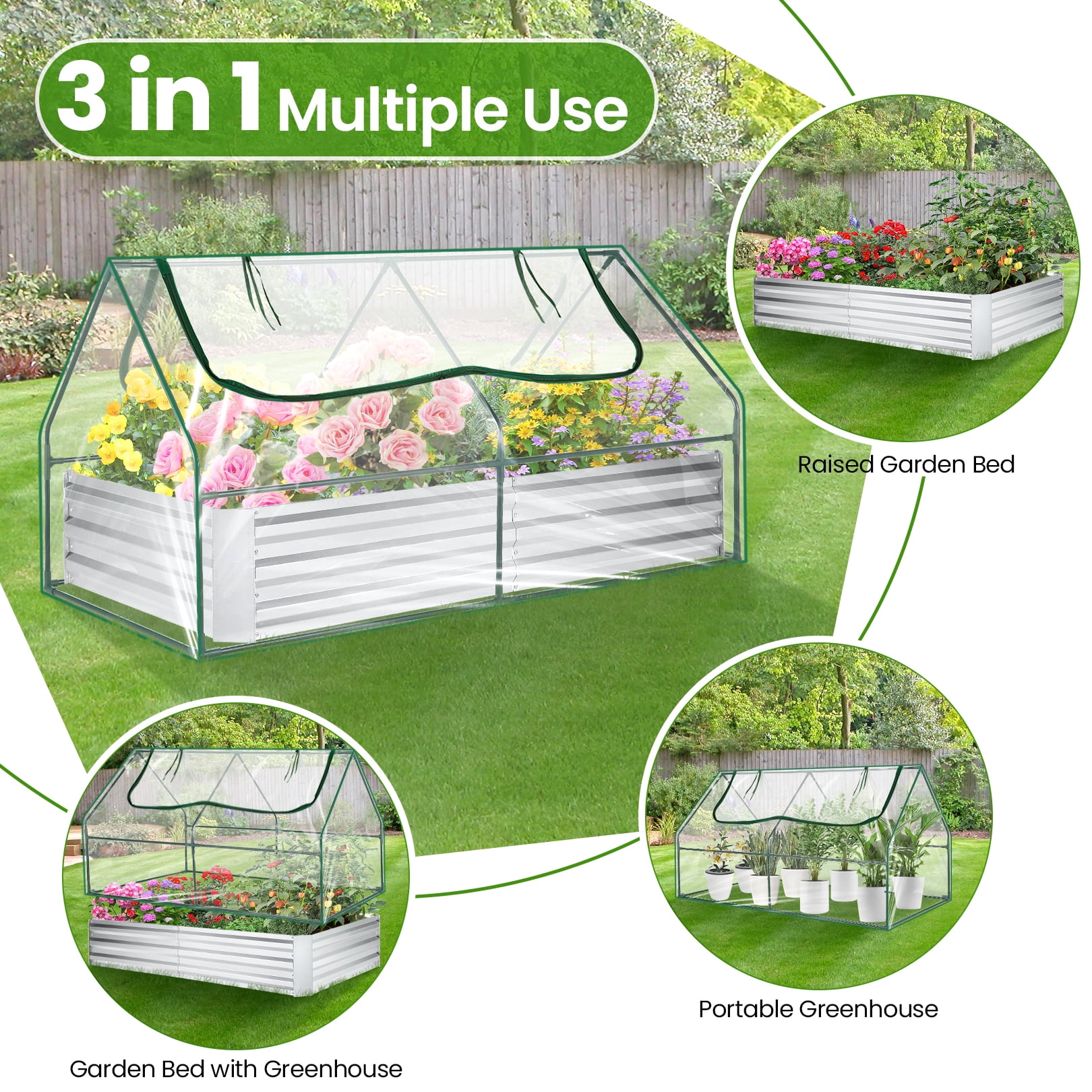 Funcid Galvanized Raised Garden Bed with Cover, Outdoor Metal Planter Box 2 Roll-Up Windows Mini Greenhouse for Growing Flowers Fruits Vegetables and Herbs, 6x3x3ft(Clear)