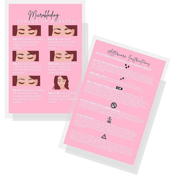 Boutique Marketing LLC Microblading Stages of Healing & Aftercare Instructions Card  30 Pack  4x6 inch Postcard Size  Eyebrow Pink Card Design pink, black, white, tan