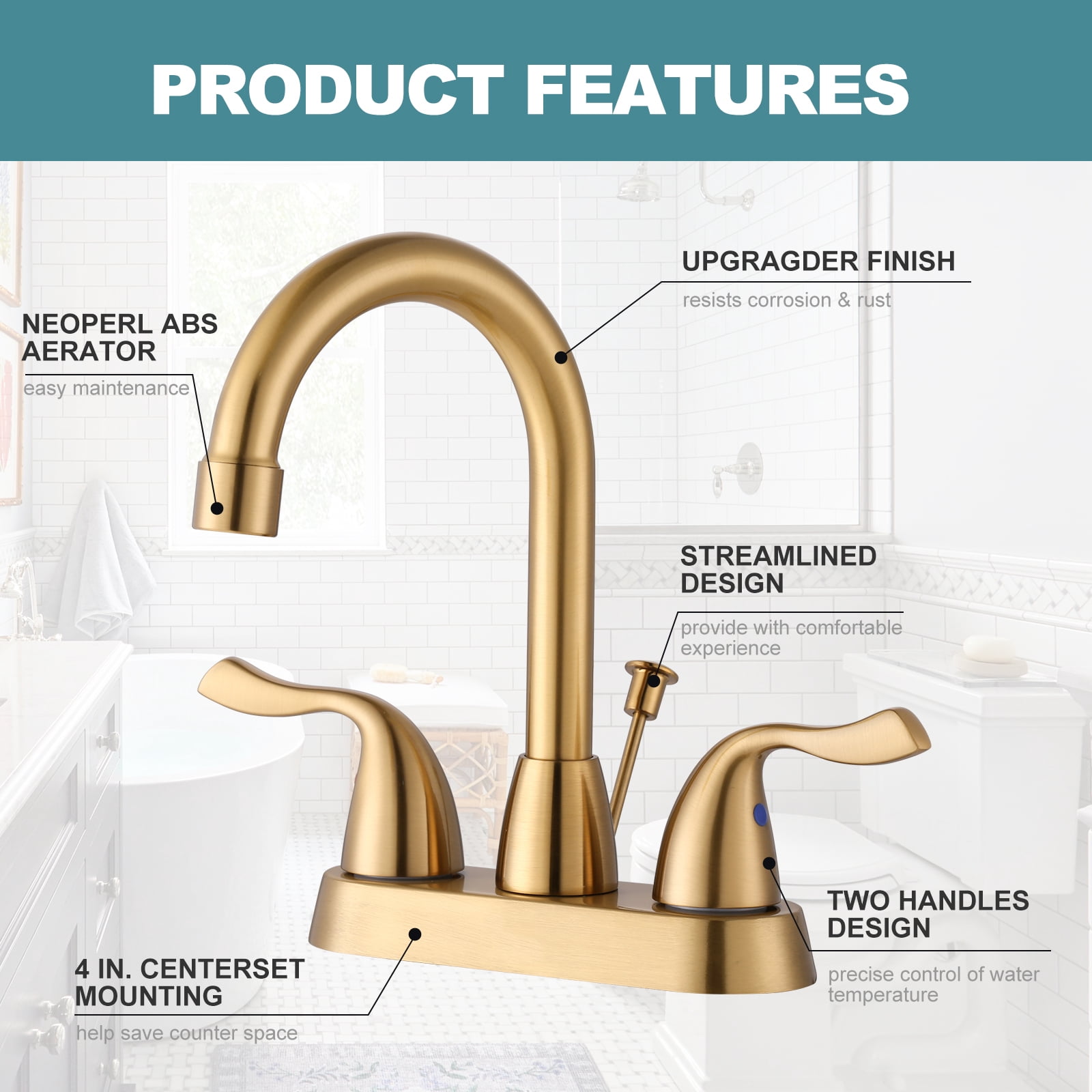 Brushed Gold Bathroom Faucet, WOWOW 4 inch Centerset Bathroom Faucet with Drain Assembly and Supply Lines, Gold Faucet for Bathroom Sink