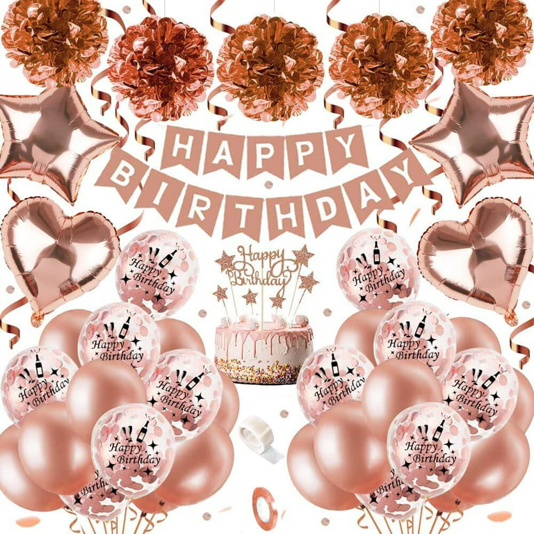 Yansion Rose Gold Birthday Party Decorations for Women Girls, Rose Gold Balloons Happy Birthday Banner Tablecloth Paper Pom Poms Foil Fringe Curtain