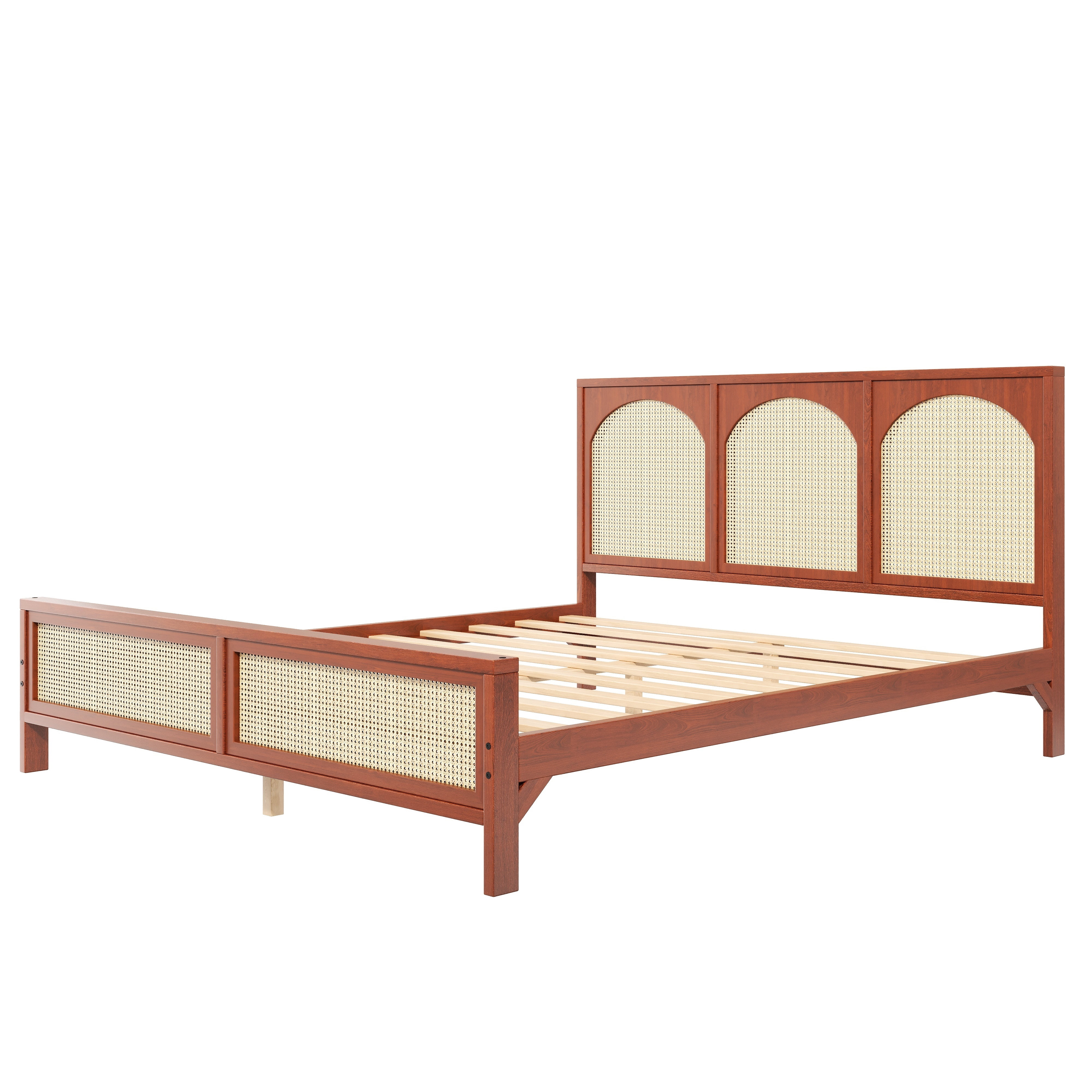 Euroco Queen Size Platform Bed with Rattan Headboard, Walnut