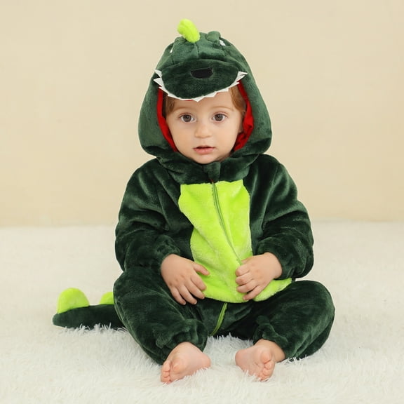 NAISIBABY Kids Boys Girls Rompers, Dinosaur Cosplay Zipper Long Sleeve Onesie Flannel Jumpsuit Army Green 18-24Months
