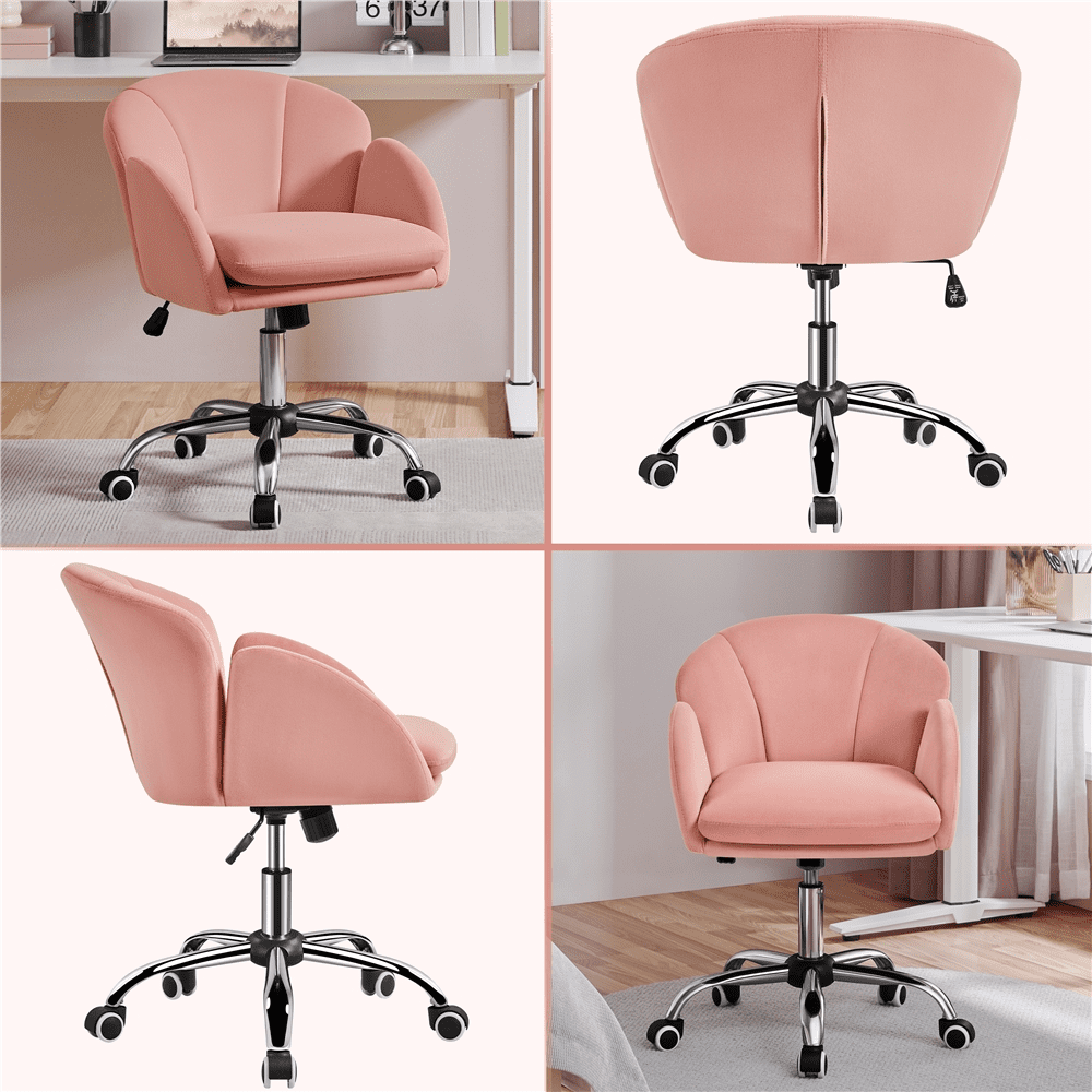 Alden Design Modern Velvet Rolling Desk Chair for Home Office, Pink